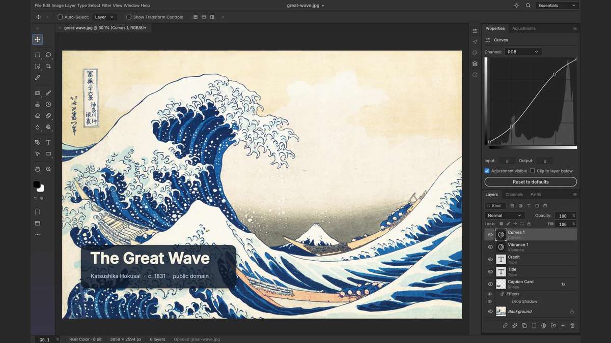 Interface de PhotoCraft montrant La Grande Vague de Hokusai, les calques et un réglage de courbes.
