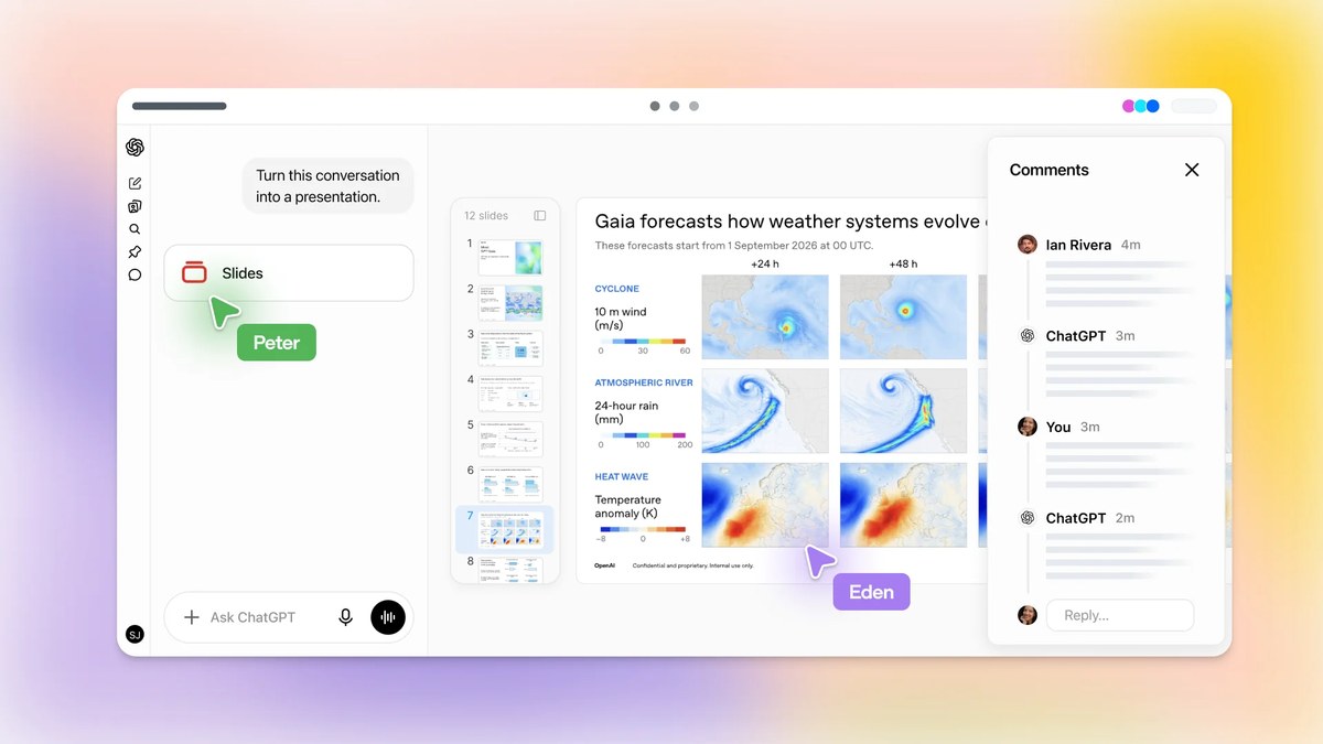 Interface de ChatGPT Slides montrant une présentation, la conversation et les commentaires de plusieurs collaborateurs.