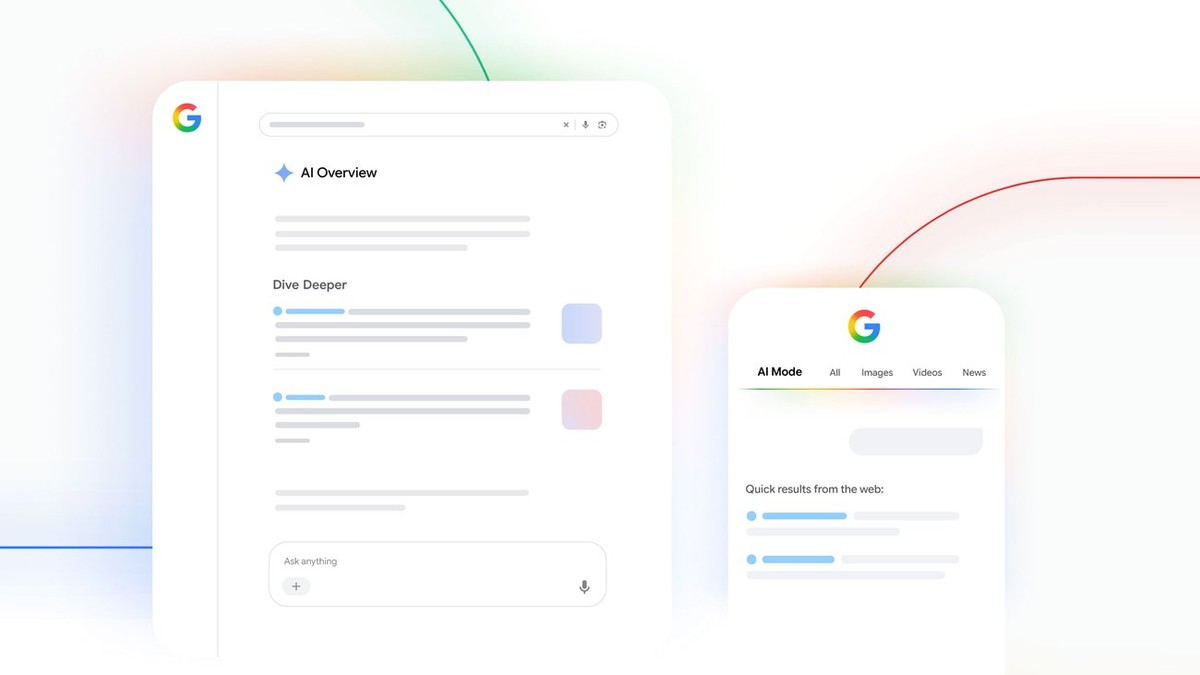 Illustration de Google montrant les liens vers des sites dans AI Overviews et AI Mode, sur ordinateur et mobile.