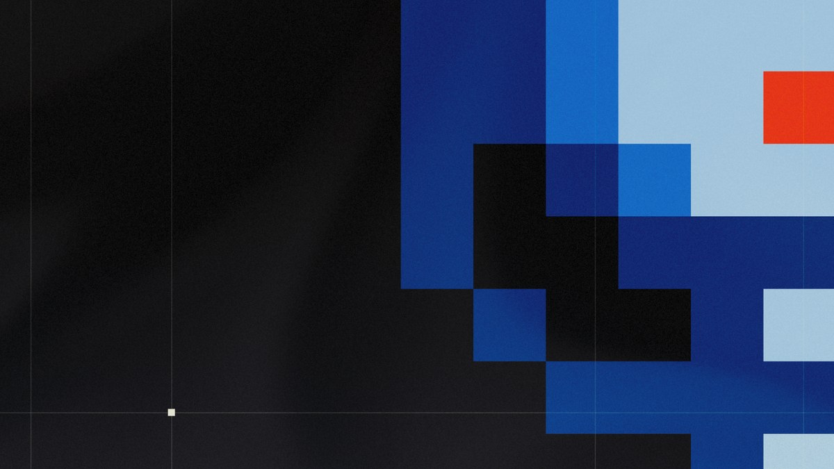 Visuel officiel de Voxtral 3, composé de formes géométriques bleues et noires avec un carré orange.
